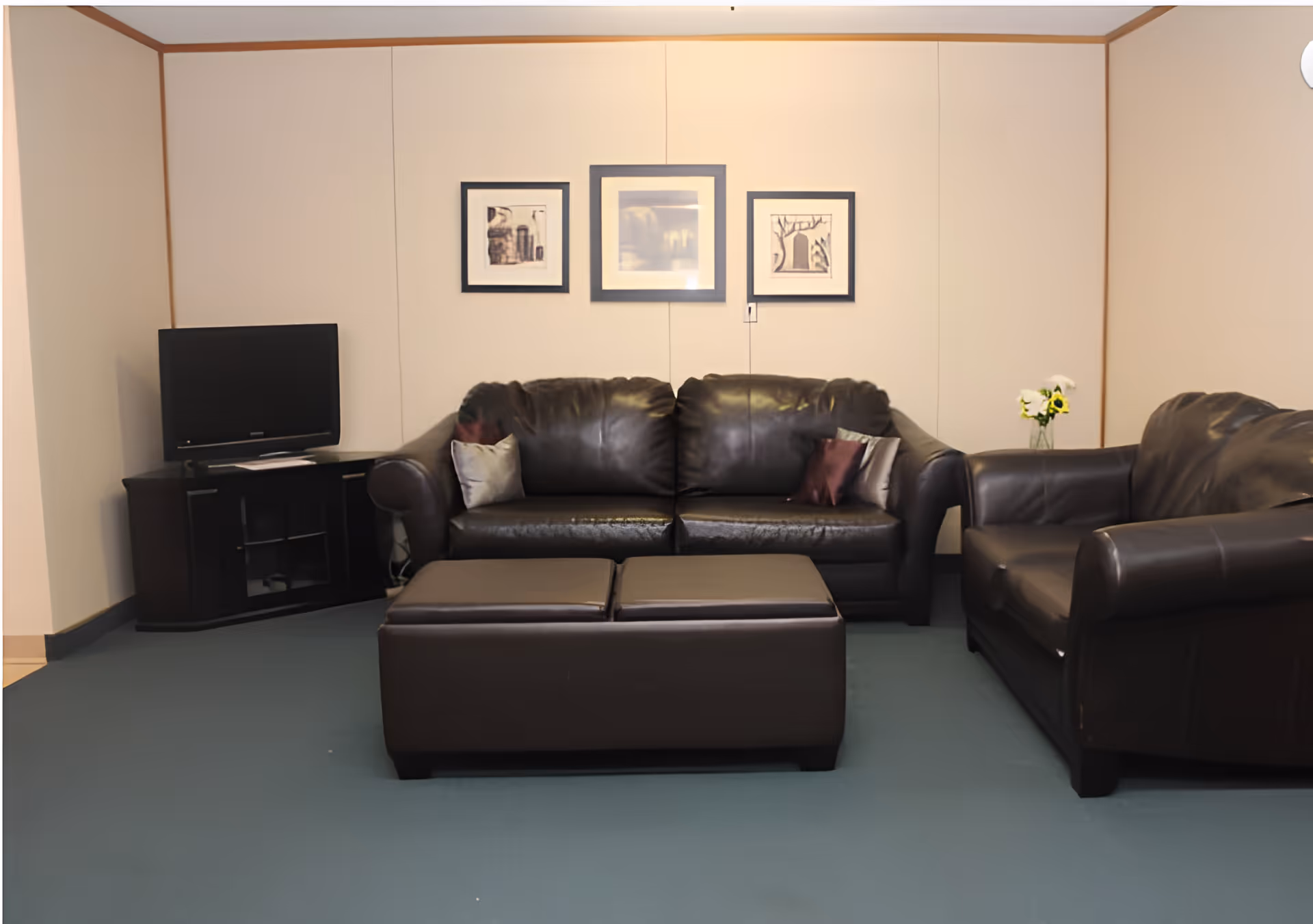 A small living room with dark leather sofa and armchair, an ottoman coffee table, a TV on a corner stand, framed artwork on the wall, and a vase of flowers.