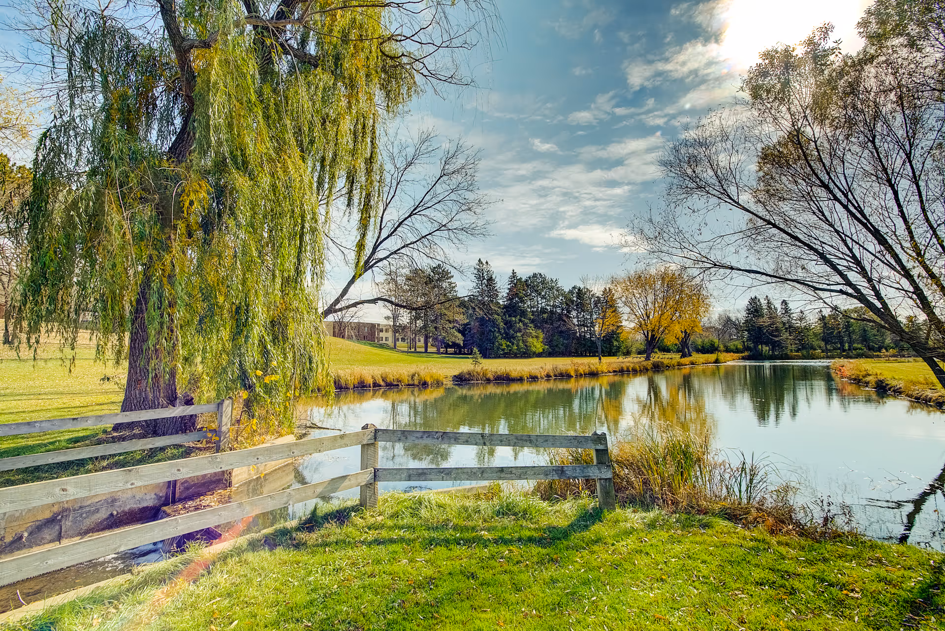 A peaceful outdoor scene featuring a small pond surrounded by grass and trees, including a large willow tree on the left. A wooden fence runs along the edge of the pond, and the sky is partly cloudy with sunlight shining through.