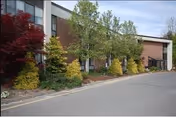 Exterior view of a building with a paved driveway and landscaped garden featuring various trees and shrubs under a clear sky.