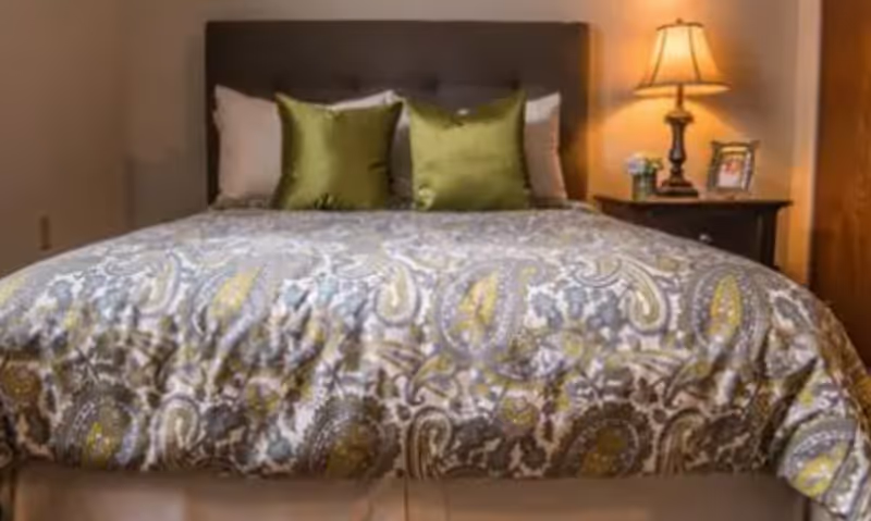 A neatly made bed with a patterned bedspread featuring paisley designs in shades of gray, white, and yellow. The bed has a dark upholstered headboard and is adorned with three green decorative pillows and two white pillows. To the right of the bed is a wooden nightstand with a lamp, a small flower arrangement, and a framed photo.