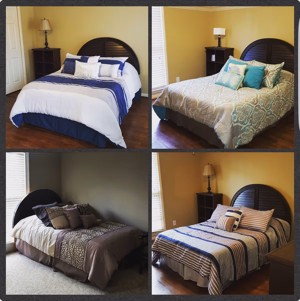A collage of four images showing different bedrooms in a care home facility. Each bedroom features a neatly made bed with various bedding styles and pillows, a dark wooden headboard, and a nightstand with a lamp. The rooms have wooden or carpeted floors and light-colored walls.
