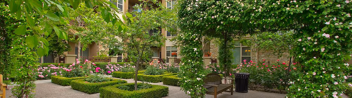 Manicured courtyard with trimmed hedges, rose bushes, trellis arches, benches, and apartment windows in the background.
