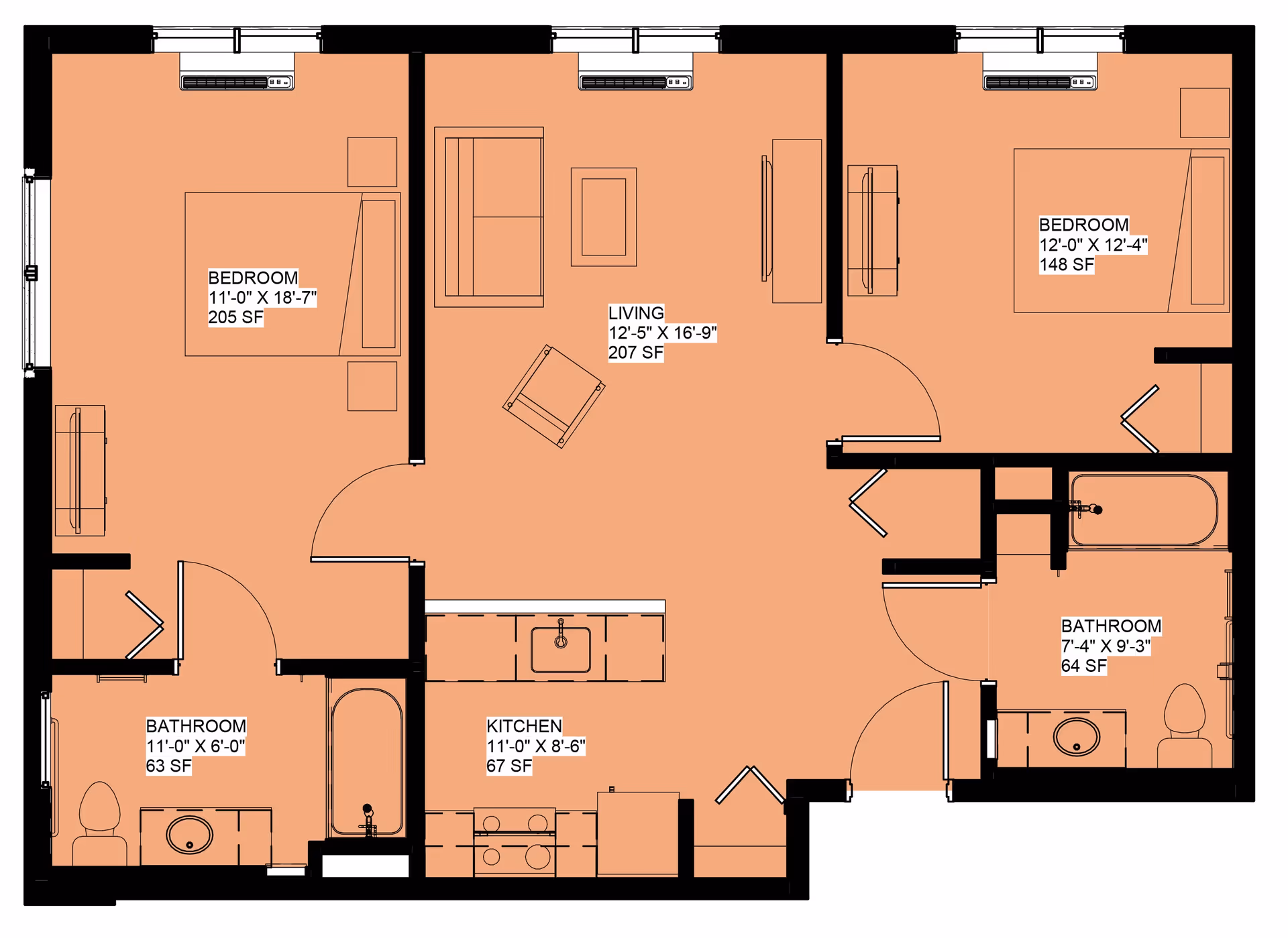 Architectural floor plan of a residential unit at The Village at Olathe showing two bedrooms, two bathrooms, a kitchen, and a living room with dimensions and square footage labeled for each room.