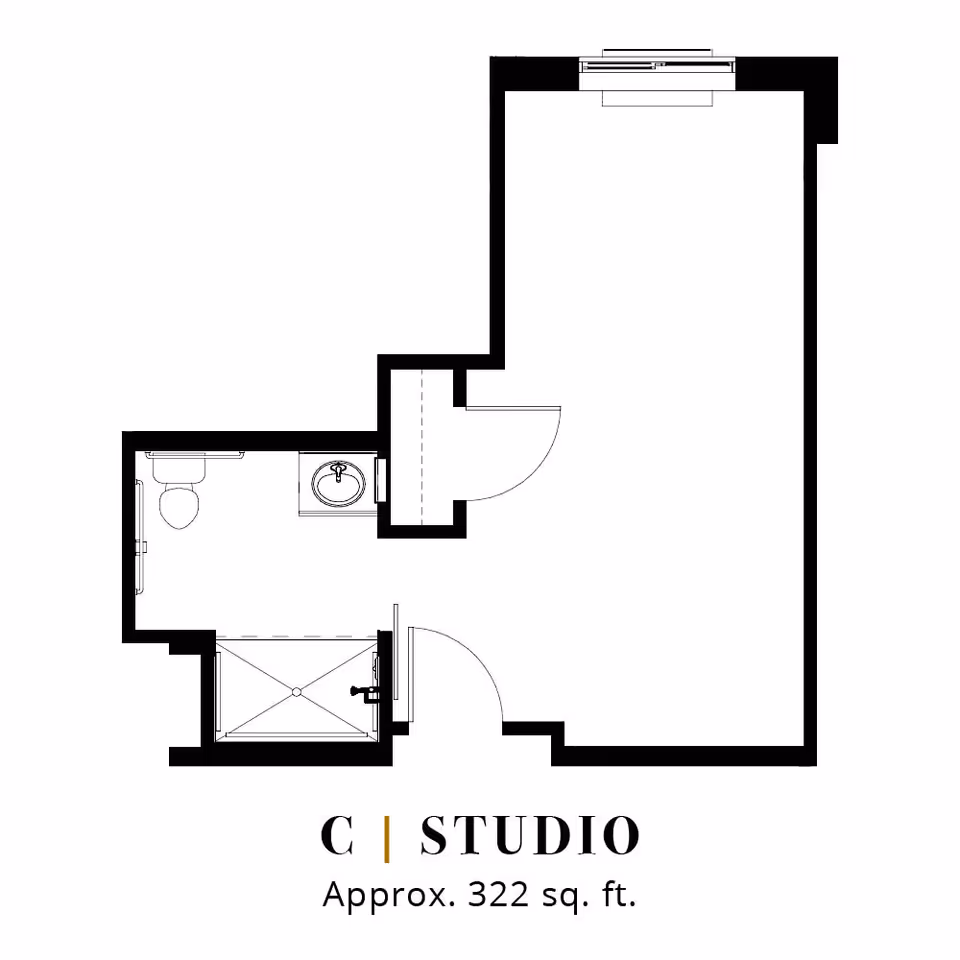 Floor plan of a studio apartment labeled 'C' at Legend of Fort Worth, approximately 322 square feet.