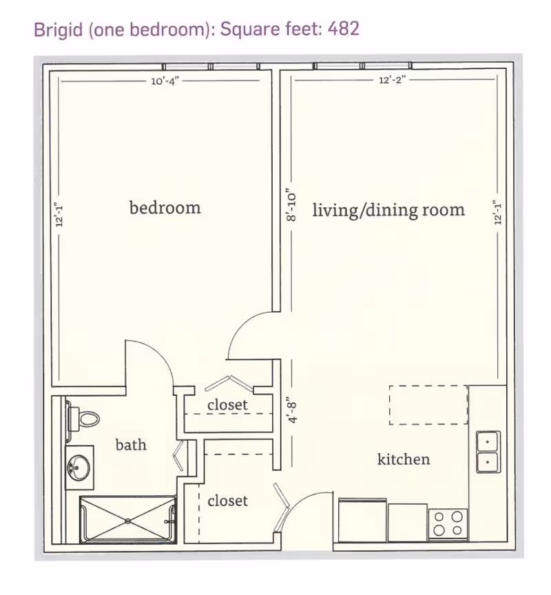 Floor plan of a one-bedroom apartment named Brigid with a total area of 482 square feet. The layout includes a bedroom, a living/dining room, a kitchen, a bathroom, and two closets.