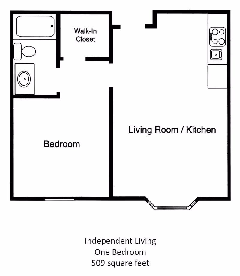 Floor plan of an independent living one-bedroom apartment with 509 square feet, showing a bedroom, walk-in closet, bathroom, and combined living room and kitchen area.