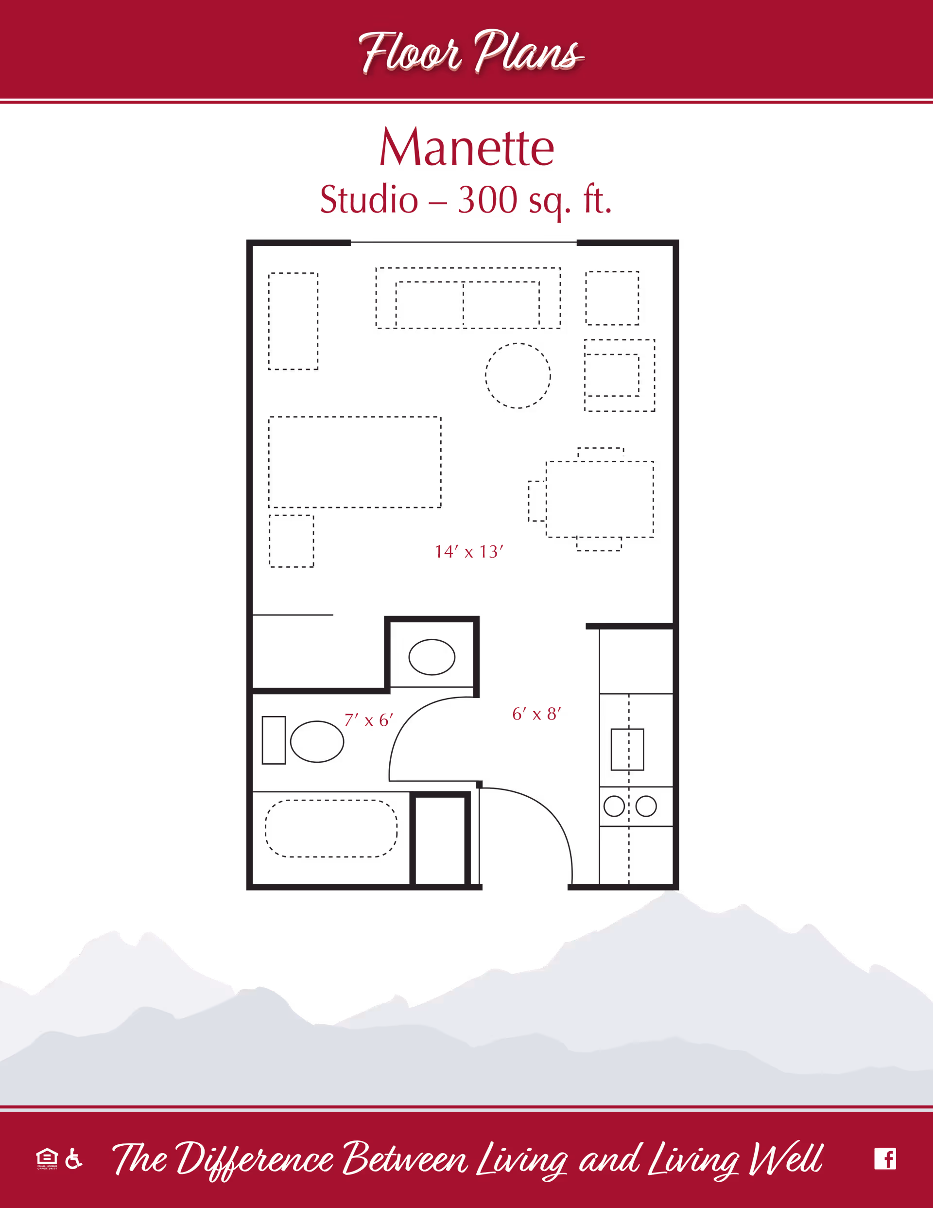 Floor plan of a studio apartment named Manette, measuring 300 square feet. The layout includes a main living and sleeping area measuring 14 by 13 feet, a bathroom measuring 7 by 6 feet with a bathtub and toilet, and a kitchen area measuring 6 by 8 feet. The plan shows furniture placement including a bed, sofa, chairs, table, and kitchen appliances.