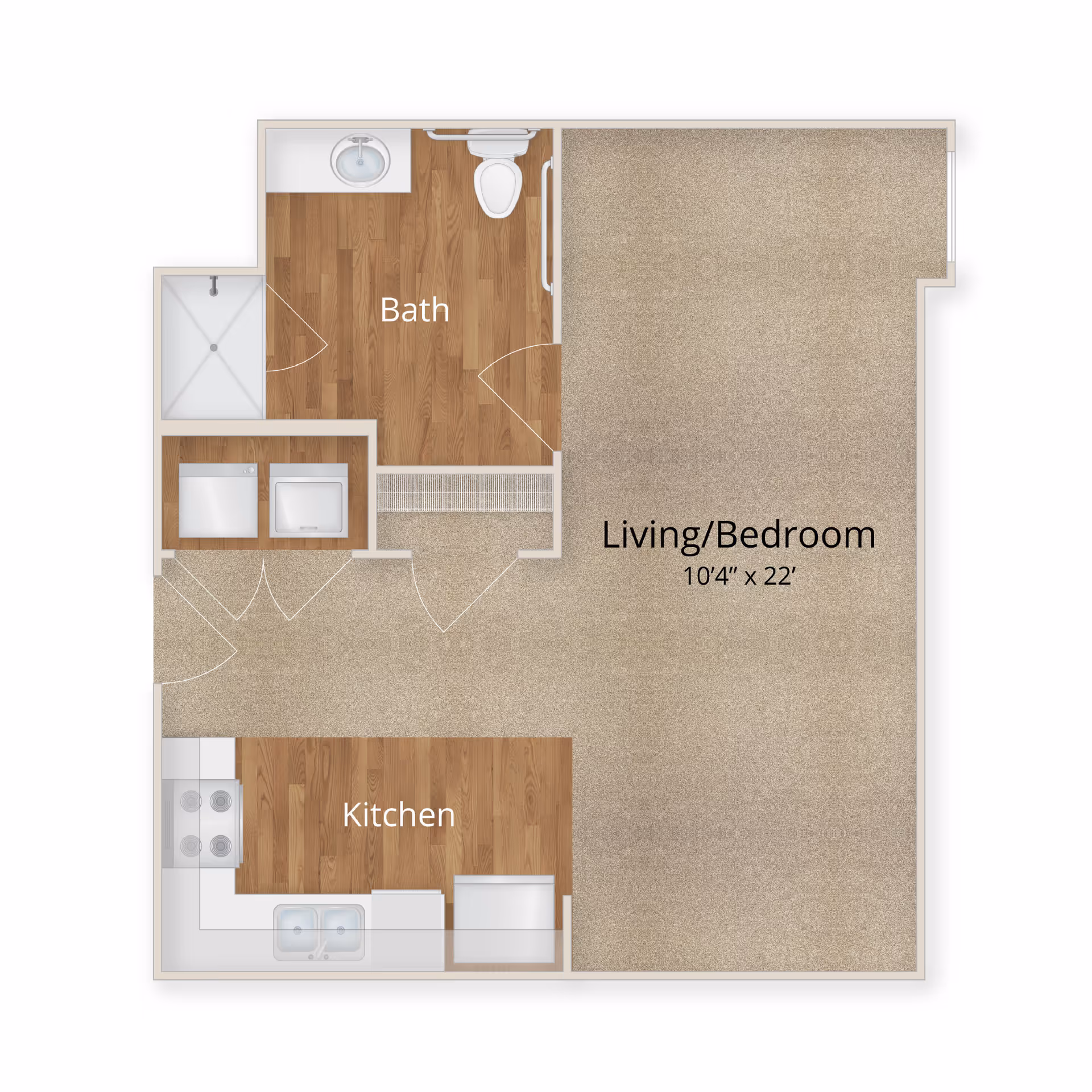 Floor plan of a senior living unit at Ledgestone Senior Living (IL) showing a combined living and bedroom area measuring 10 feet 4 inches by 22 feet, a kitchen with stove, sink, and refrigerator, a bathroom with a sink, toilet, and shower, and a small laundry area with washer and dryer.