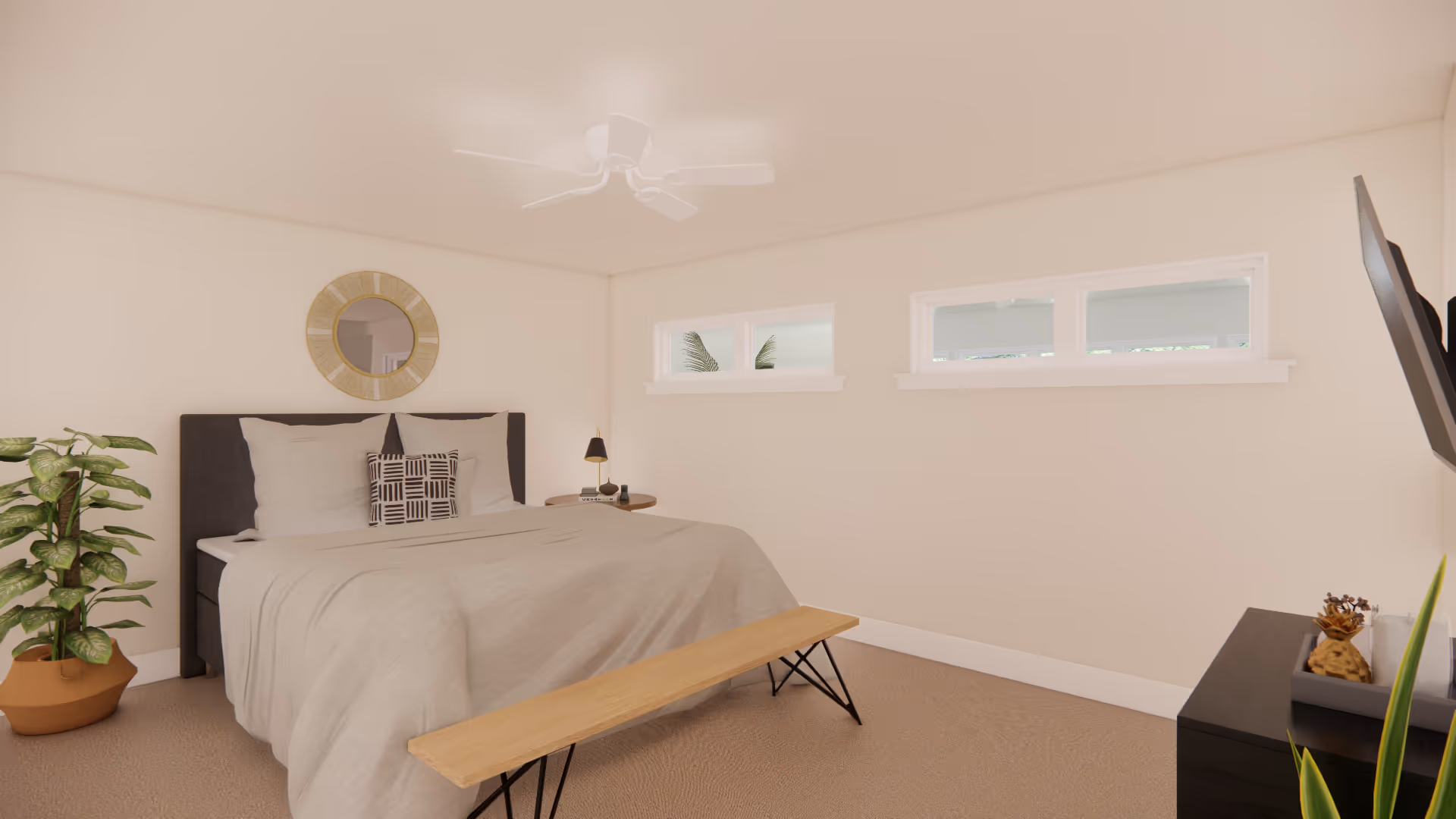 Minimalist bedroom with a bed, bench, potted plant, round wall mirror, small windows and a wall-mounted TV.