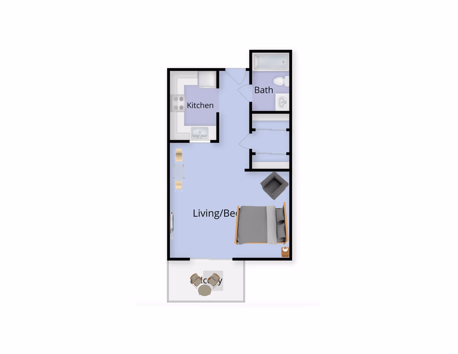 Floor plan of a studio apartment at Juniper Village at Bucks County showing a combined living and bedroom area with a bed, chair, and small table. The kitchen is adjacent to the living area with a stove and sink. There is a bathroom with a bathtub, toilet, and sink. A small balcony with two chairs and a table is also included.