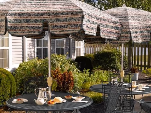 Outdoor patio with metal tables and chairs under patterned umbrellas set with plates, a pitcher, and greenery beside a building.