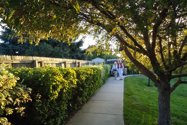 A paved walkway bordered by green bushes and a tree on the right side, with three elderly people walking along the path in a garden-like outdoor setting during daylight.
