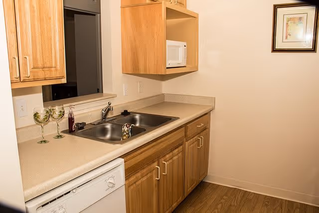 Small kitchen with wooden cabinets, a double stainless sink, dishwasher, microwave, and a framed picture on the wall.
