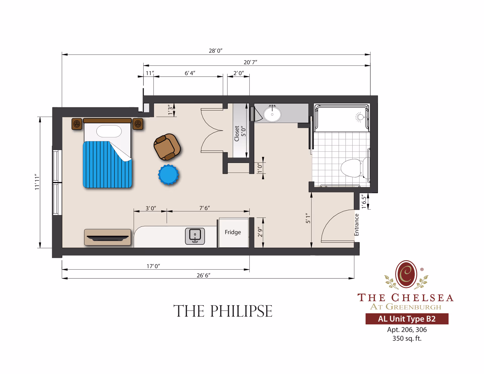 Floor plan of a studio apartment called 'The Philipse' showing a bed area, kitchenette, bathroom, closet and room dimensions for The Chelsea at Greenburgh.