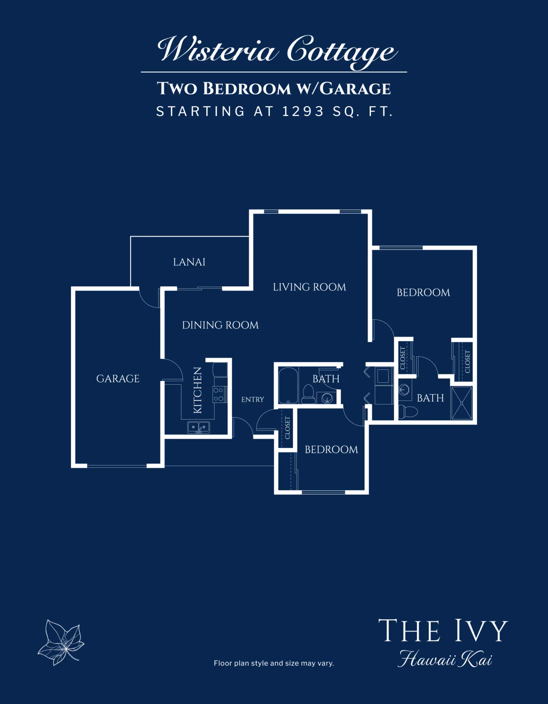 Blueprint-style floor plan titled "Wisteria Cottage" showing a two-bedroom, two-bath layout with garage, living room, dining room, kitchen and lanai.