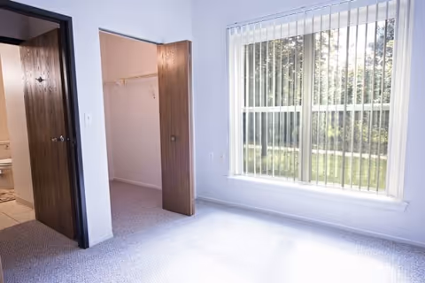 Empty bright bedroom with carpet, large window with vertical blinds, open closet, and a doorway leading to a bathroom.