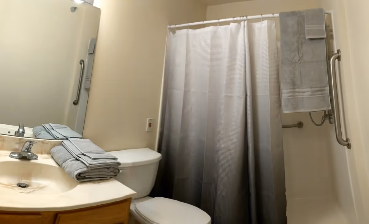 A bathroom with a sink and countertop on the left, a toilet in the center, and a shower with a gray and white gradient curtain on the right. There are folded gray towels on the countertop and hanging on a towel rack inside the shower. The walls are light-colored and there are grab bars near the shower and toilet.
