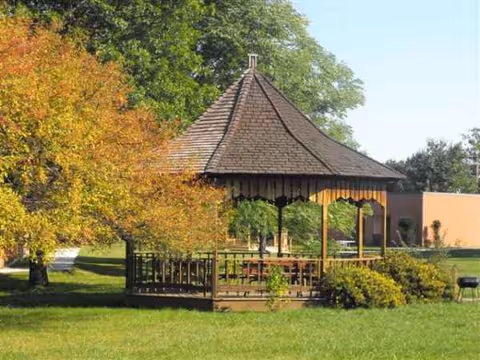Wooden gazebo in a green park area with trees and a bench.