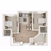 Top-down rendered two-bedroom, one-bath apartment floor plan with a central living/dining area and kitchen.