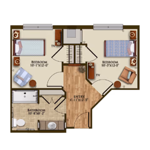 Floor plan of a memory care unit at The Harmony Collection at Roanoke showing two bedrooms, an entry area, and a bathroom. Each bedroom contains a bed, nightstands, a TV, and a chair. The bathroom includes a toilet, sink, and shower.