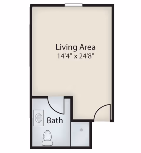 Floor plan showing a living area measuring 14 feet 4 inches by 24 feet 8 inches, with an attached bathroom that includes a toilet, sink, and shower.