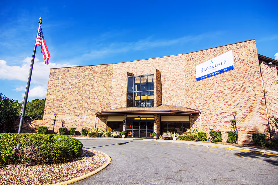Exterior front view of a brick building with a sign that reads 'Brookdale Senior Living Solutions'. There is an American flag on a flagpole to the left and a driveway leading to the entrance under a small roof. The sky is clear and blue.
