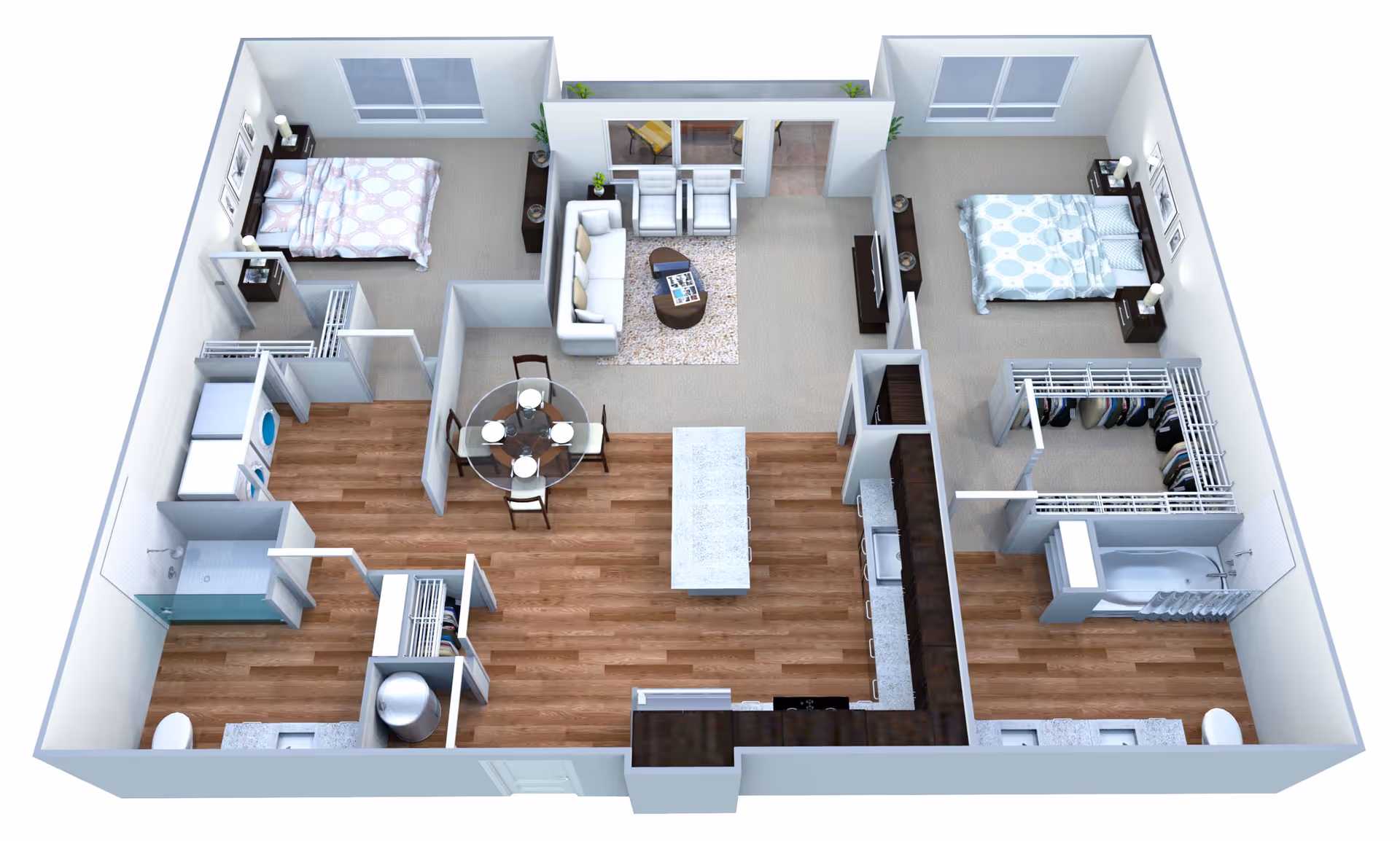 3D rendered floor plan showing a two-bedroom, two-bath apartment with an open kitchen, central living/dining area, and walk-in closets.