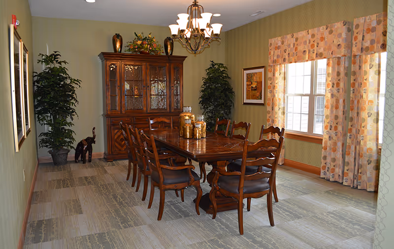 A dining room with a long wooden table surrounded by eight matching wooden chairs with cushioned seats. On the table are decorative jars. Behind the table is a wooden china cabinet with glass doors, topped with vases and a floral arrangement. Two large potted plants are placed in the corners of the room. The walls are painted green with patterned wallpaper, and there is a window with patterned curtains letting in natural light. A chandelier with multiple lights hangs above the table.