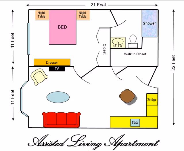 Floor plan of an assisted living apartment showing a bedroom with a bed, two night tables, a dresser, and a TV. The living area includes a red couch, a chair, and a coffee table. The kitchen area has a fridge, sink, and a small dining table with two chairs. There is a walk-in closet and a bathroom with a shower, toilet, and sink. Dimensions of the apartment are labeled as 21 feet by 22 feet with some interior measurements.