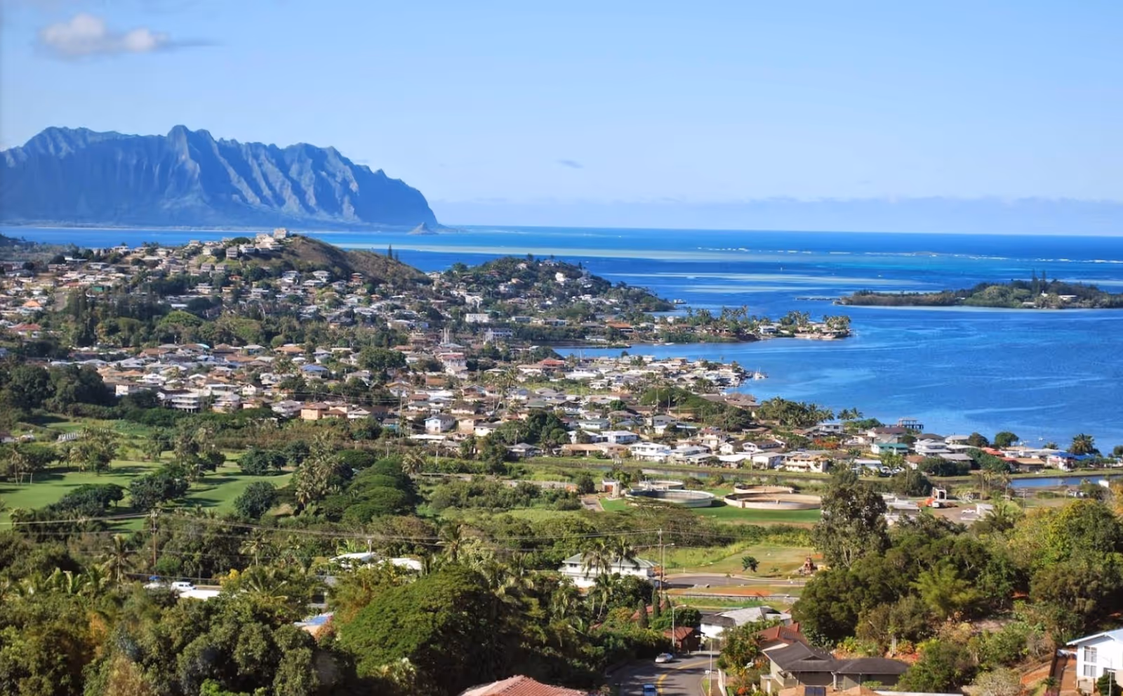 A scenic view of a coastal town with numerous houses surrounded by lush greenery, overlooking a calm blue ocean with a mountain range in the background under a clear sky.