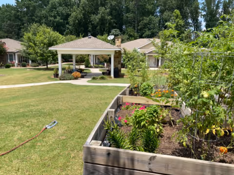 A sunny outdoor garden area at Canterfield of Oak Ridge featuring raised wooden garden beds with various plants and flowers. In the background, there is a covered pavilion with seating and a stone fireplace, surrounded by well-maintained grassy lawns and trees.