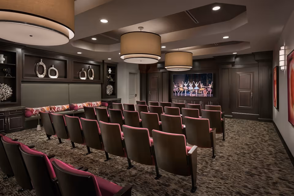 A cozy theater room with rows of dark brown chairs featuring purple cushions, facing a large screen displaying a ballet performance. The room has dark wood paneling, decorative shelves with modern art pieces, and three large round ceiling lights. The carpet has a patterned design, and there are colorful cushions on a bench along one wall.