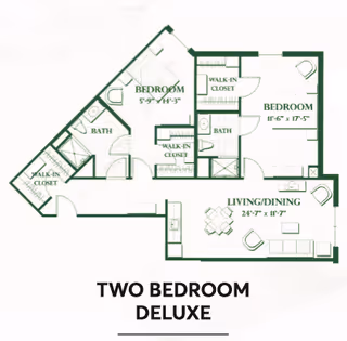 Floor plan of a two-bedroom deluxe apartment featuring two bedrooms, two bathrooms, walk-in closets, and a combined living and dining area.