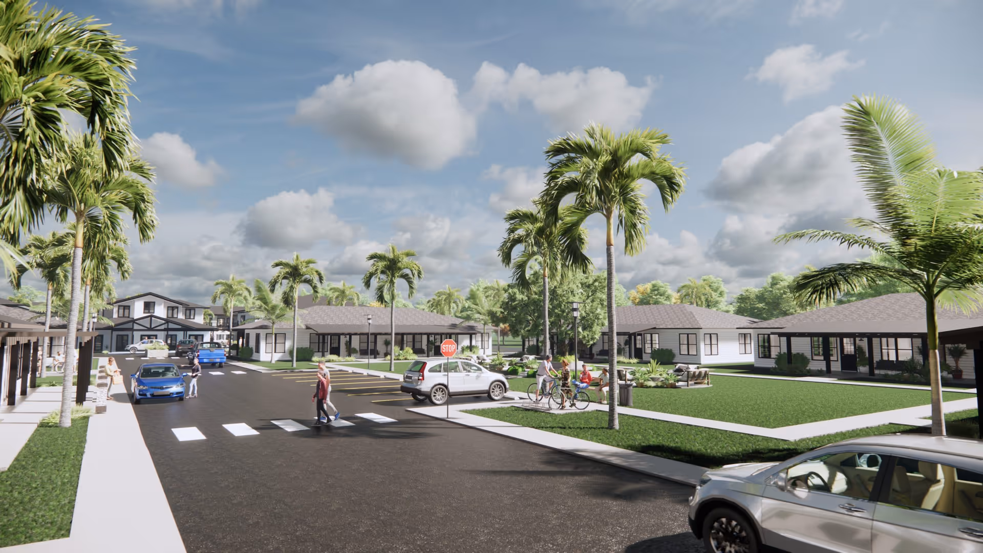 A sunny outdoor view of a senior living community with single-story buildings, palm trees, parked cars, and people walking and riding bicycles along paved roads and sidewalks.