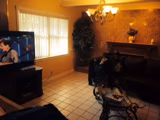 A cozy living room with tiled floor, a television on a stand showing a woman, a large window with sheer curtains, a chandelier, a fireplace with a decorative vase on the mantel, a large potted plant, and a wheelchair in the foreground.