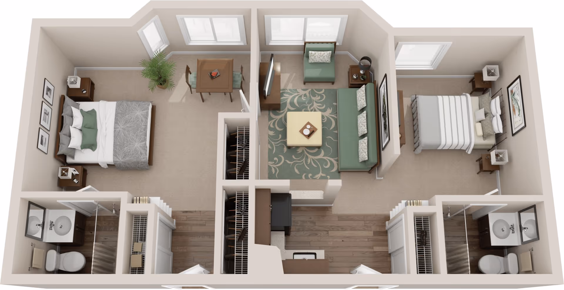 3D floor plan of a senior living apartment featuring two bedrooms, each with a bed, nightstands, and windows. The left bedroom has a small dining table with chairs near the window. There are two bathrooms, each with a sink, toilet, and shower. The central living room area includes a sofa, armchair, coffee table, TV, and a patterned rug. The kitchen area is adjacent to the living room with cabinetry and appliances. Closets are located near the entrance and between the bedrooms.