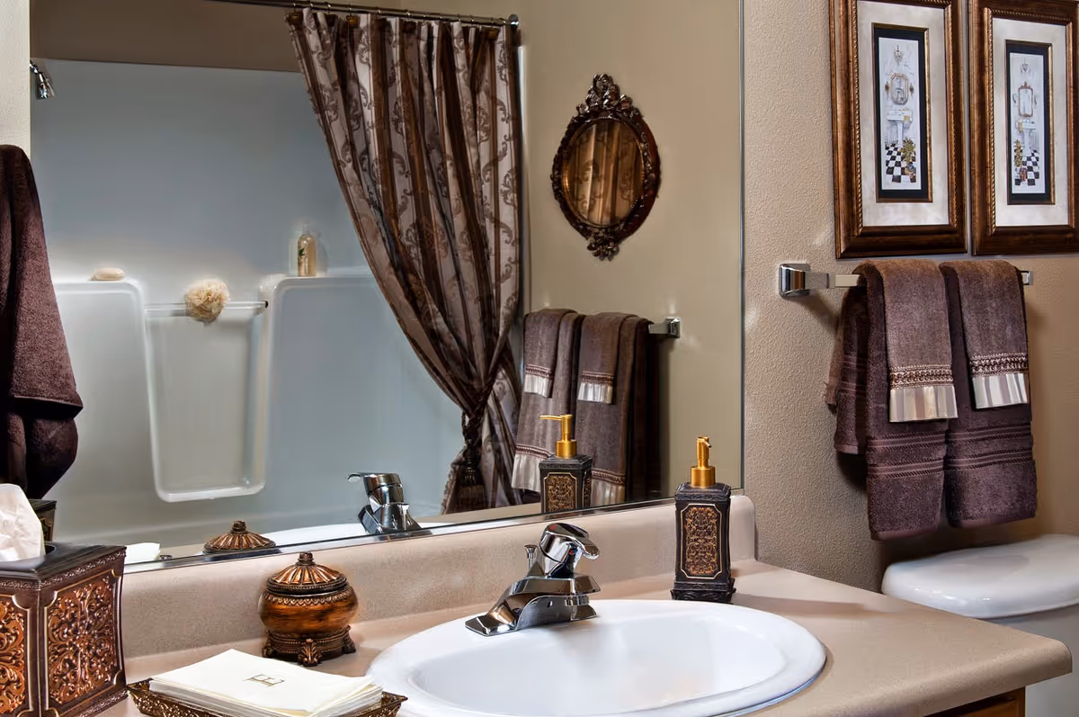 A bathroom sink area with a white oval basin, a silver faucet, and a decorative soap dispenser. Brown towels hang on a towel rack next to the sink, and a toilet is partially visible. A large mirror reflects a shower with a patterned shower curtain. The walls are beige, and two framed pictures hang above the towel rack.