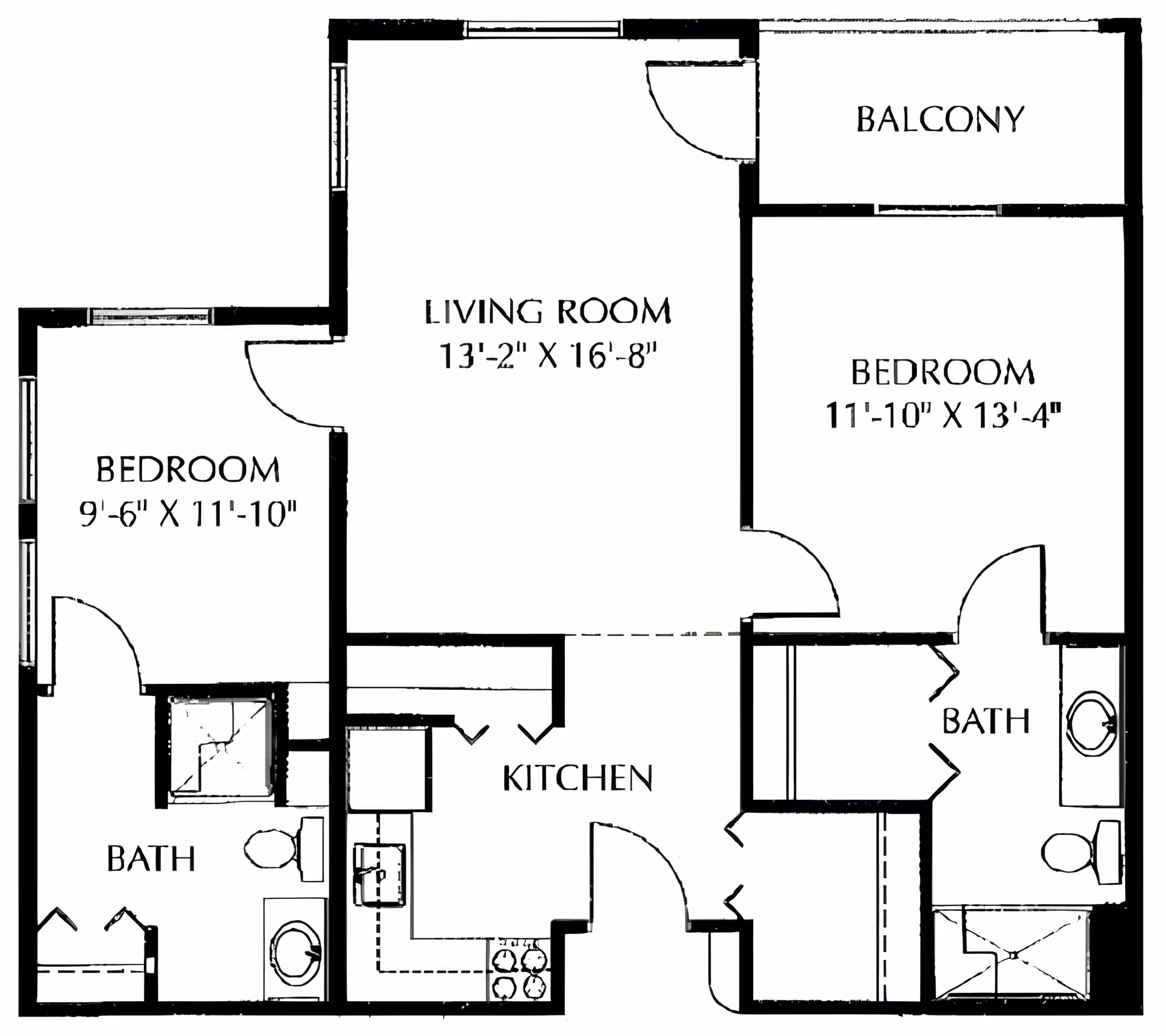 Floor plan of a residential unit showing two bedrooms, two bathrooms, a kitchen, a living room, and a balcony. The living room measures 13 feet 2 inches by 16 feet 8 inches. The first bedroom measures 9 feet 6 inches by 11 feet 10 inches and is adjacent to a bathroom. The second bedroom measures 11 feet 10 inches by 13 feet 4 inches and has access to a bathroom. The kitchen is centrally located near the entrance.