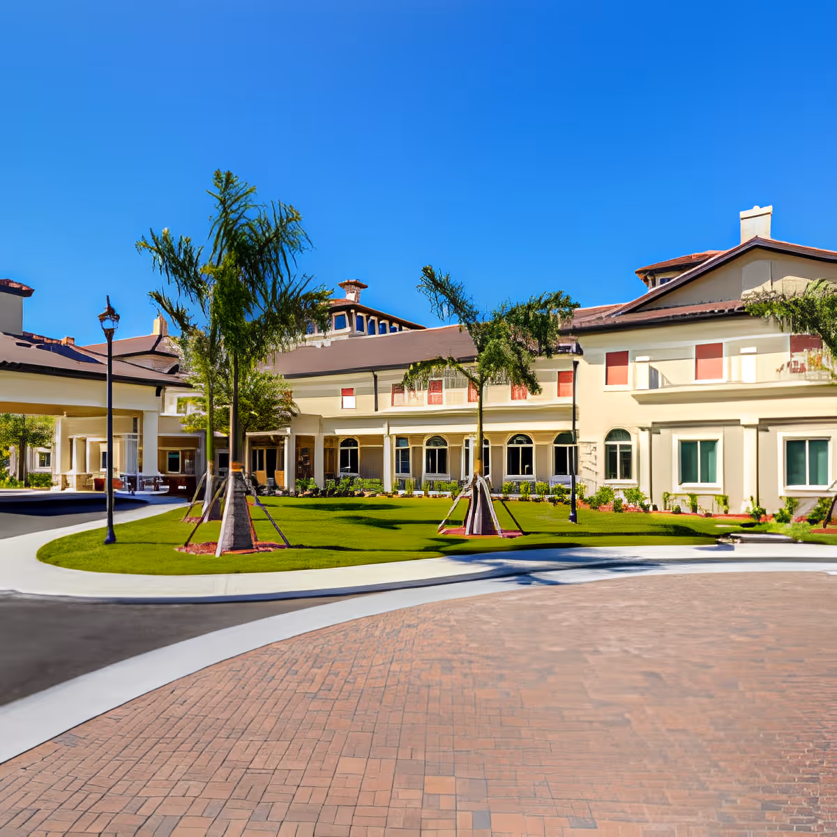 Exterior view of Discovery Village At Naples, showing a large, light-colored building with multiple windows and a tiled roof. The foreground features a circular driveway with brick paving, green grass, and several palm trees under a clear blue sky.