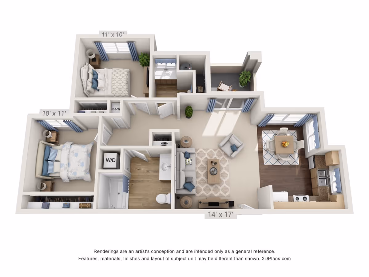 3D floor plan of a two-bedroom apartment featuring a living room with sofa and armchair, a dining area with a table and four chairs, a kitchen with appliances and countertops, two bedrooms with beds and nightstands, a bathroom with a bathtub and toilet, a laundry area with washer and dryer, and a small balcony with a chair and plant.