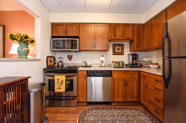 Well-appointed kitchen with wooden cabinets, stainless steel appliances (stove, dishwasher, refrigerator) and a patterned rug on hardwood floors.