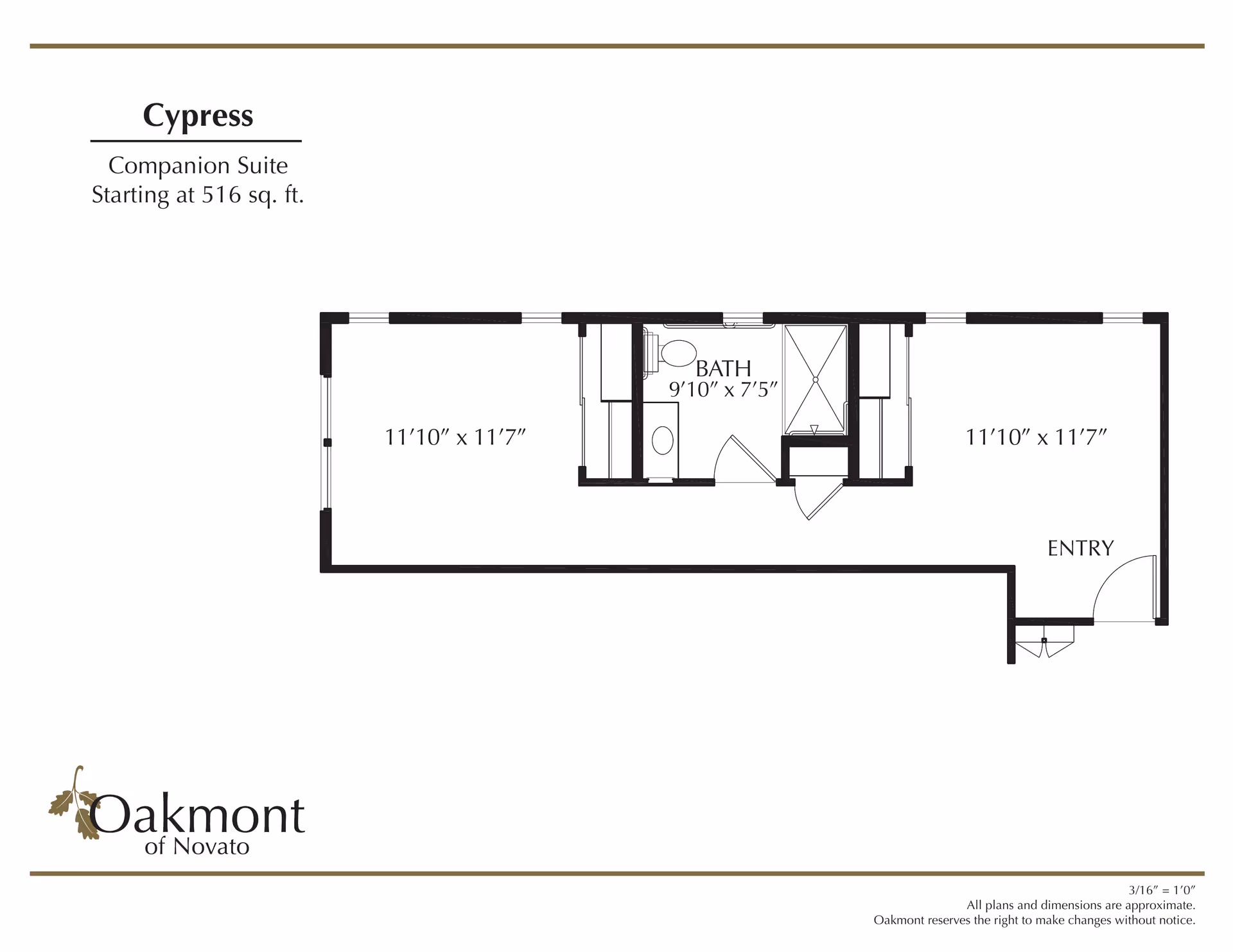 Floor plan of the Cypress Companion Suite at Oakmont of Novato, showing two rooms each measuring 11'10" x 11'7", a bathroom measuring 9'10" x 7'5", and an entry area. The suite starts at 516 square feet.
