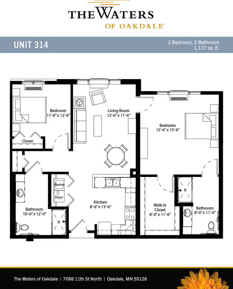Graphic title page for Unit 314 floor plan at The Waters of Oakdale showing '2 Bedroom, 2 Bathroom, 1,117 sq. ft.' with the facility address in the footer.
