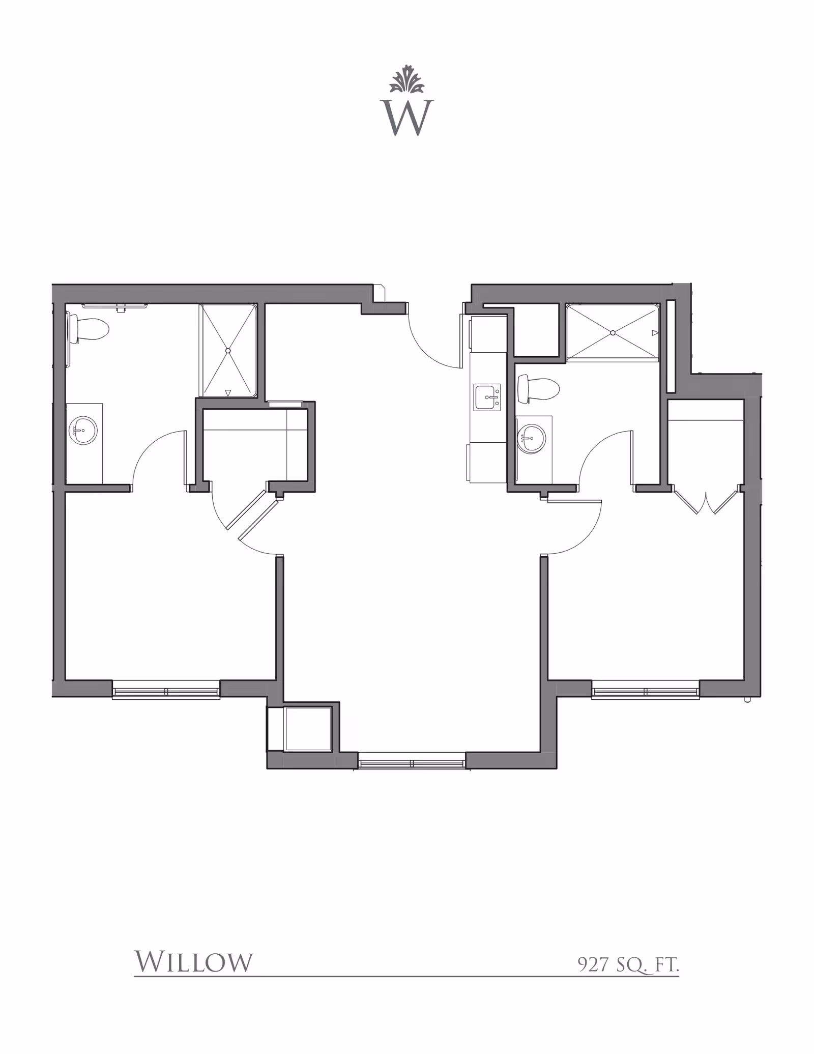 Black-and-white architectural floor plan labeled 'Willow' for a 927 sq. ft. unit showing room layouts, two bathrooms, closets and windows.