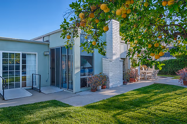 Outdoor patio area of a facility with a green lawn, a tree bearing yellow fruit, a white brick chimney, potted plants, and outdoor seating with a table and chairs.