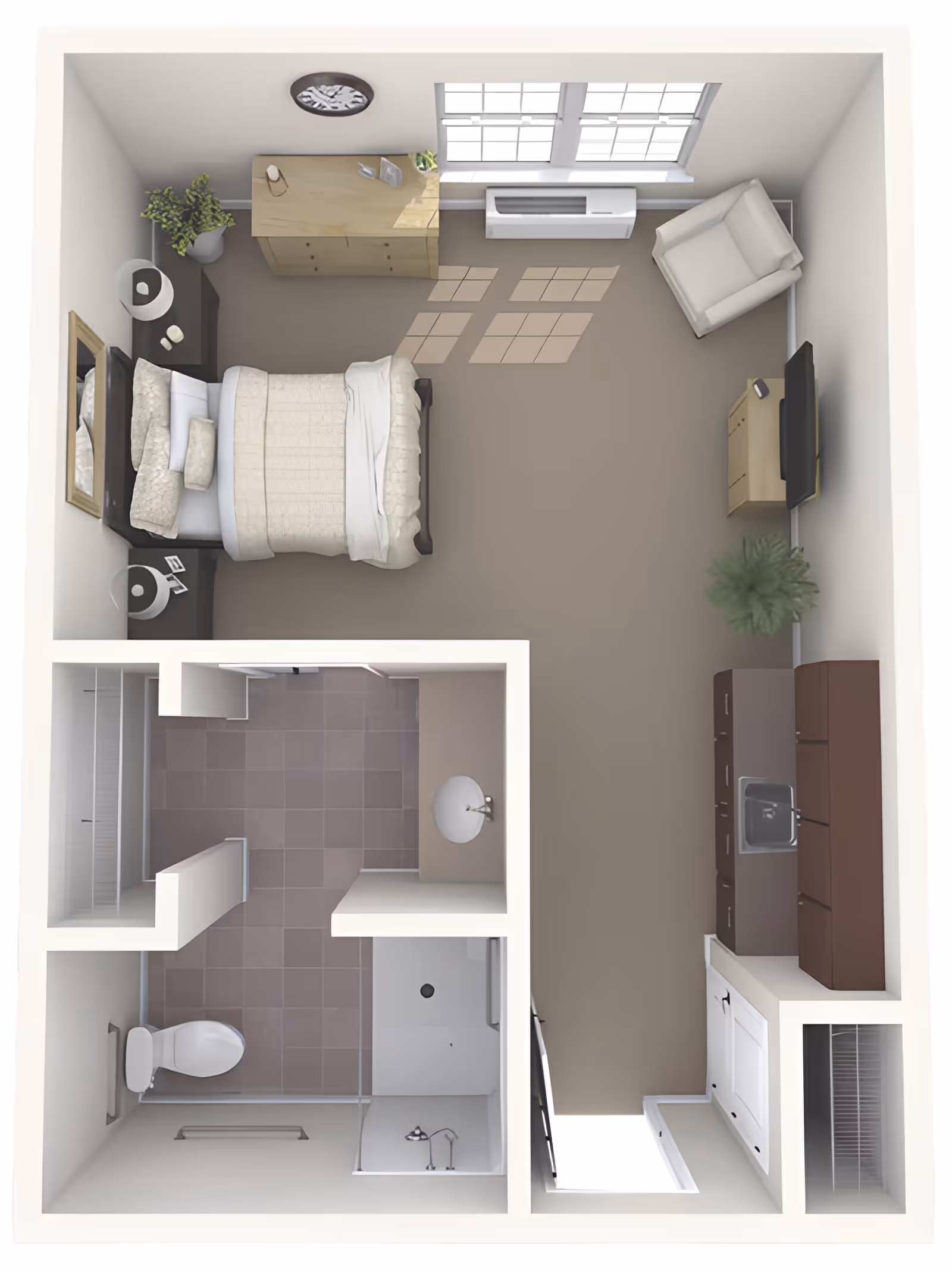 Top-down view of a small apartment layout featuring a bedroom area with a bed, two nightstands, a dresser, and an armchair near a window. The room also includes a TV on a stand and a kitchenette with cabinets and a sink. Adjacent to the bedroom is a bathroom with a toilet, sink, and shower.