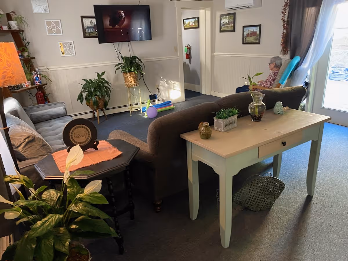 A cozy living room with a gray sofa, a brown couch, and a white wooden table with decorative items on it. There are several potted plants, framed pictures on the walls, and a flat-screen TV mounted on the wall. An elderly person is seated near a window with curtains, and some colorful pool noodles and a purple ball are on the floor near the doorway.