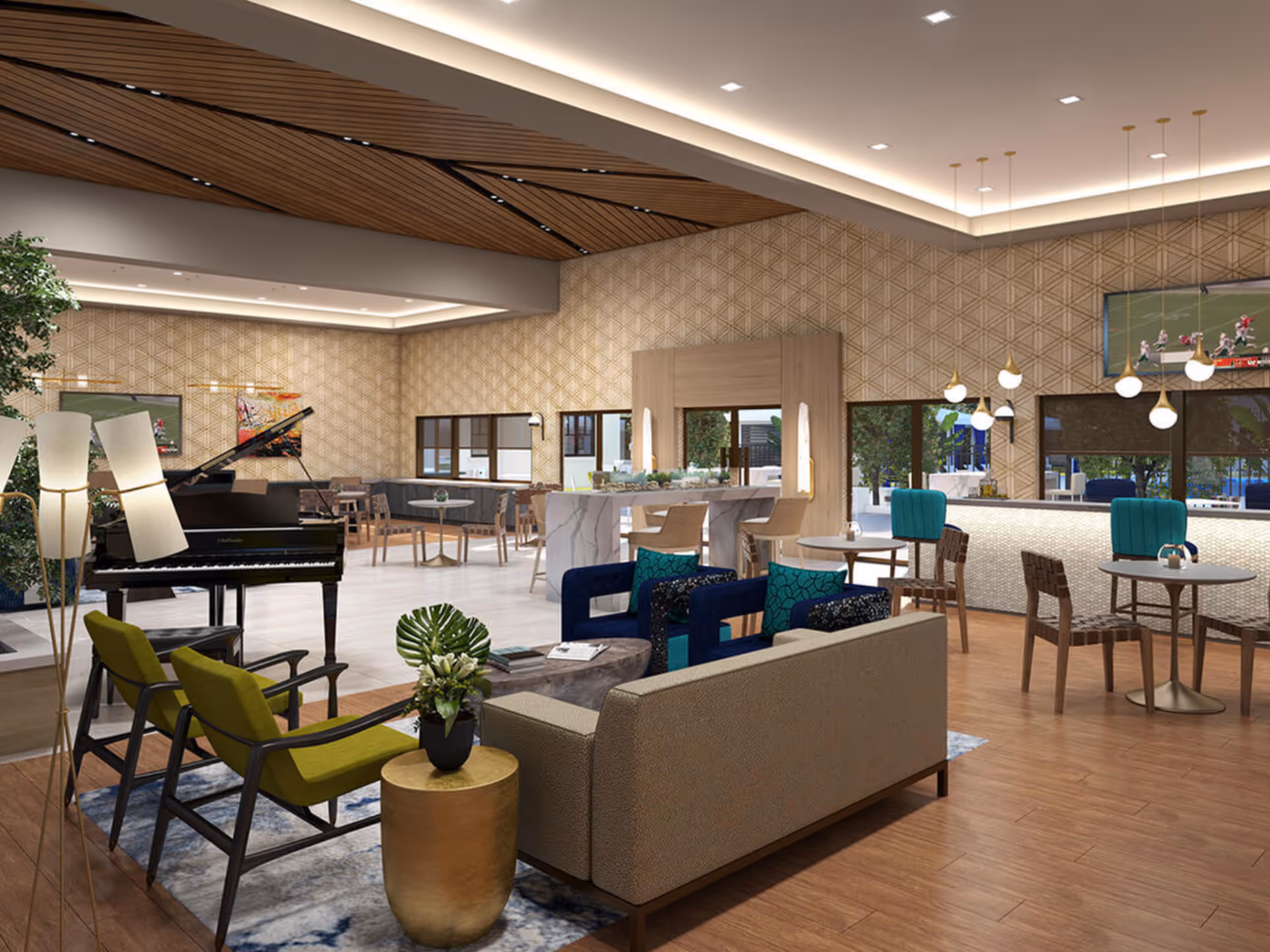 A spacious and modern common area with a variety of seating options including a beige sofa, blue armchairs, and green chairs around small tables. There is a black grand piano on the left side, a tall floor lamp, and a decorative plant on a small gold side table. The ceiling features wooden slats with recessed lighting, and the walls have a geometric patterned wallpaper. Large windows allow natural light to enter, and a bar area with pendant lights and stools is visible in the background. Two flat-screen TVs are mounted on the walls.