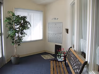 A small indoor waiting area with a wooden bench, a potted plant, a window with blinds, a set of mailboxes mounted on the wall, and a small rug on the carpeted floor.