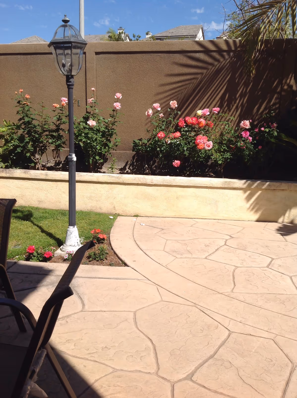 Sunlit backyard patio with stamped concrete flooring, a lamppost, lawn and pink rose bushes along a raised planter wall.